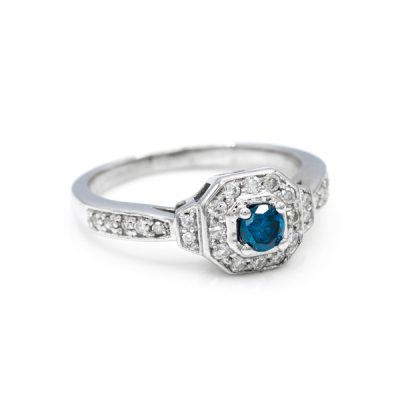 14K White Gold 0.15CT I1 Blue Diamond Women's Ring | 0.20TW I1 to I2 G to H Round Diamonds [OECR1005-12]