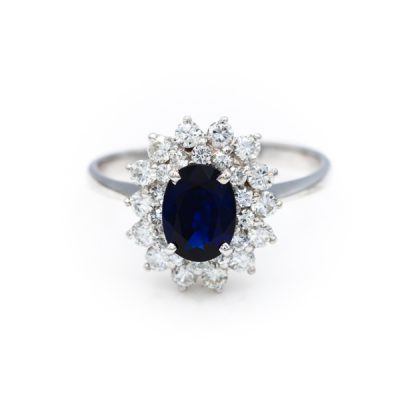 14K White Gold Oval Cut Blue Sapphire Women's Ring | 1.0TW VS2 G Diamonds [OECR1011-12]