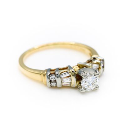 14K-18K Two-Tone Gold 0.35CT VS2 H Round Brilliant Cut Diamond Ring | 0.50TW VS2 H Tapered Baguette [OECR1020-12]